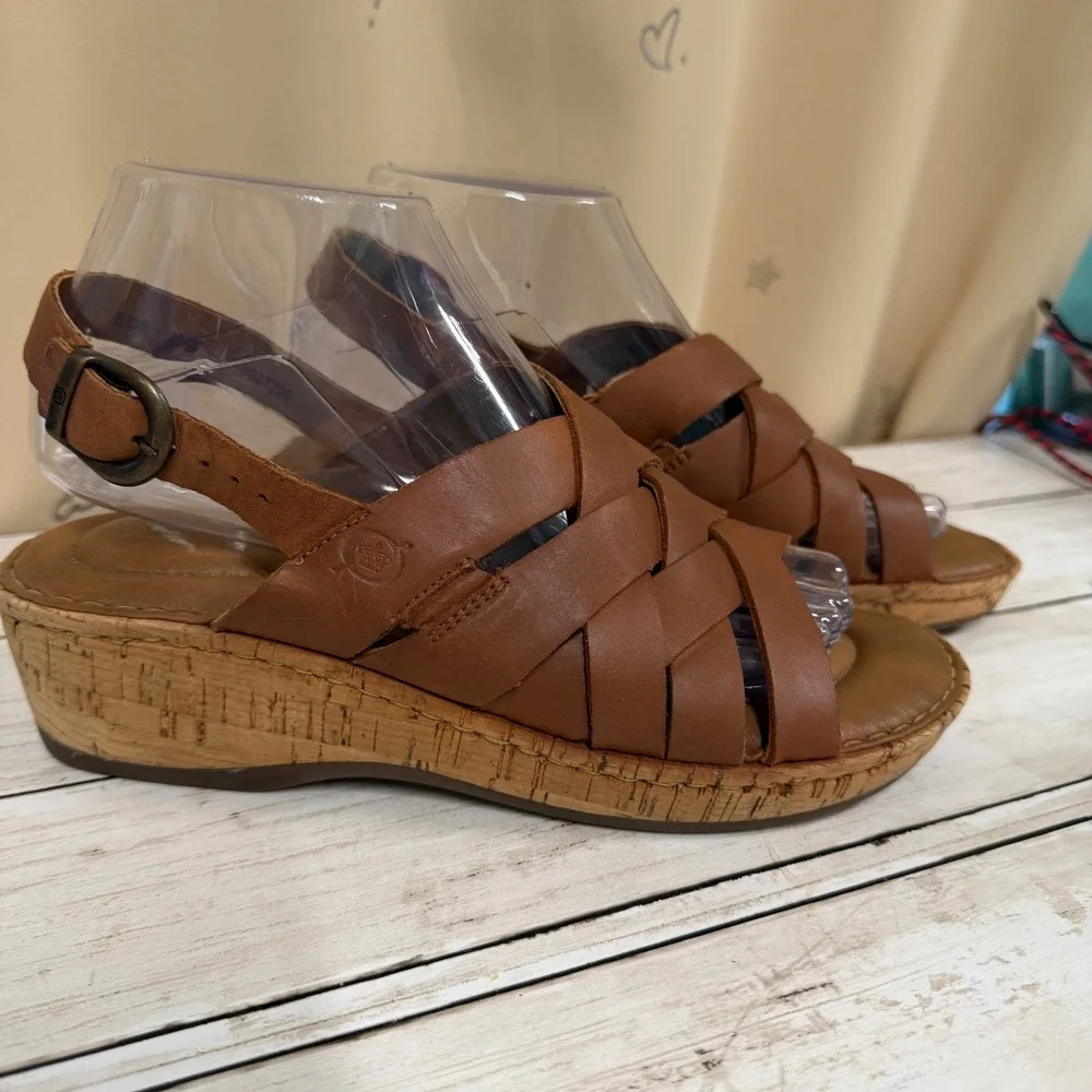 Born Wedge Sandals Womens 8 Brown Leather Strappy Woven Cork Slingback F01206